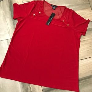 Red Top with Sheer Yoke and Sleeves